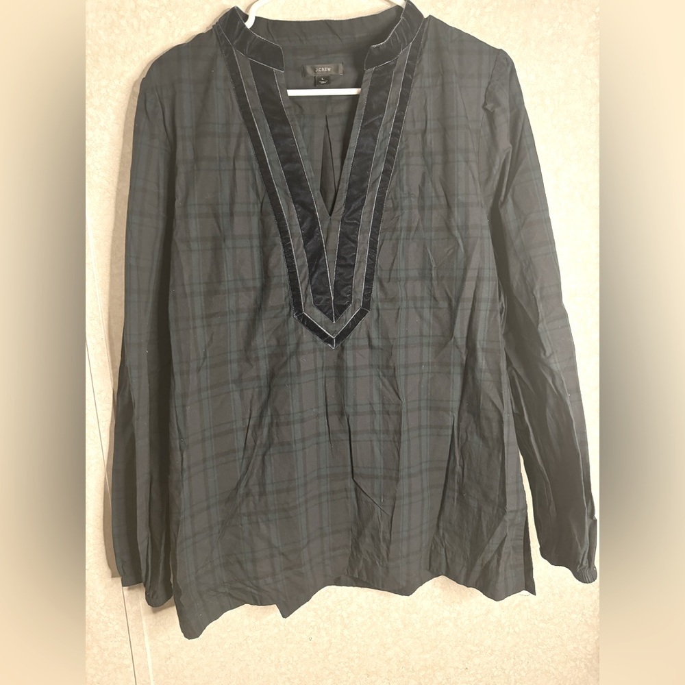 J Crew Reimagined Velvet Trim V Neck Tunic Green Black Plaid  Shirt Size L